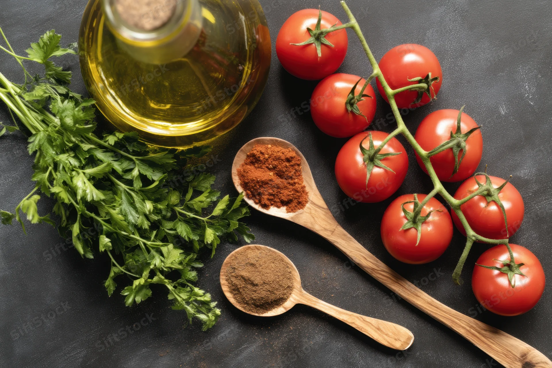Ripe tomatoes on the vine with olive oil, parsley, and spices arranged on a dark countertop