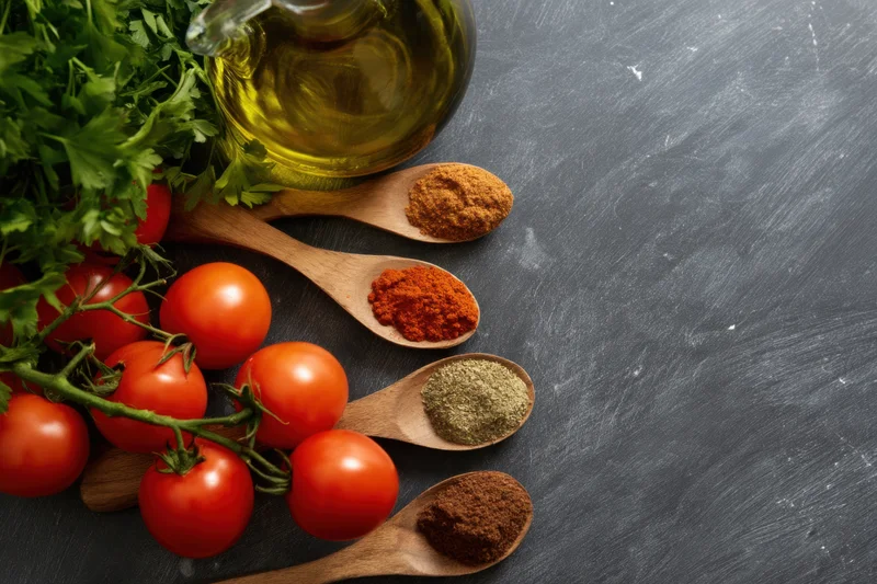 Fresh tomatoes on vine with parsley, olive oil and spices in wooden spoons arranged on dark surface