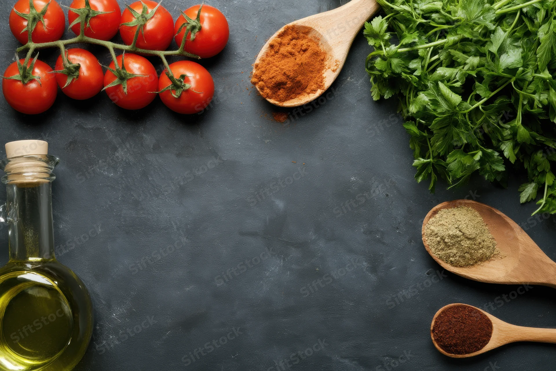 Fresh tomatoes on vine, parsley, olive oil, and spices in wooden spoons arranged on dark countertop