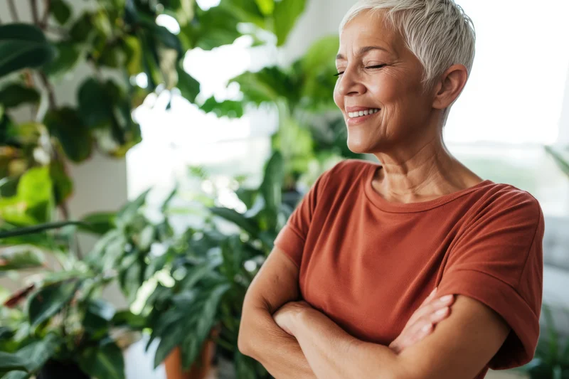 Senior woman smiling with arms crossed in a sunlit room filled with green houseplants