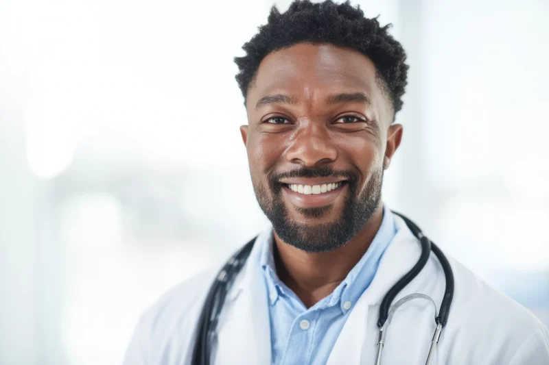 Smiling black male doctor in white coat with stethoscope around neck in clinical setting