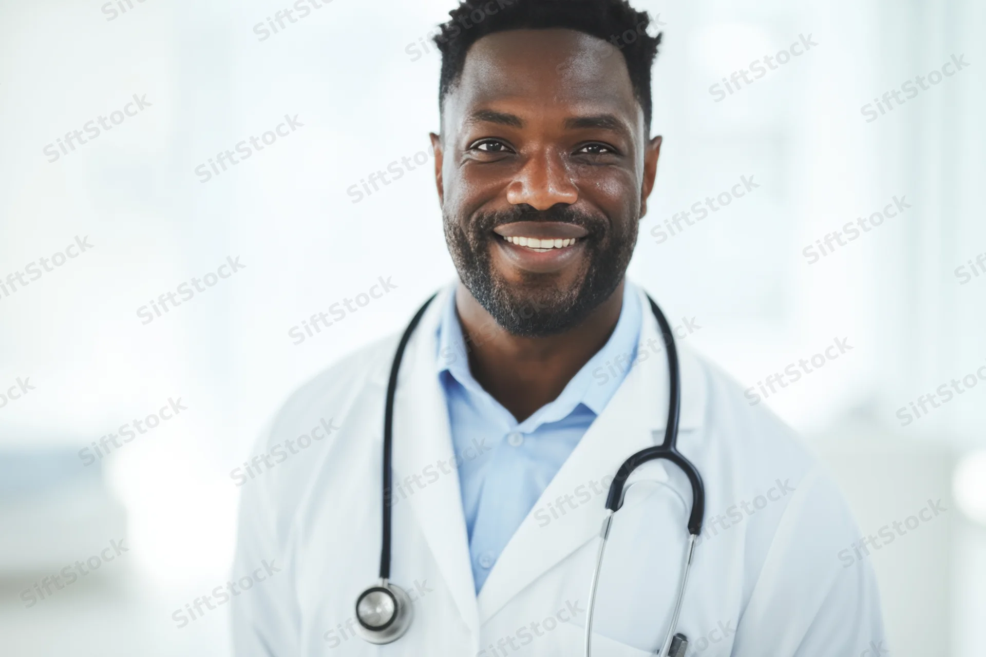 Smiling black male doctor in white coat with stethoscope around neck in clinic setting