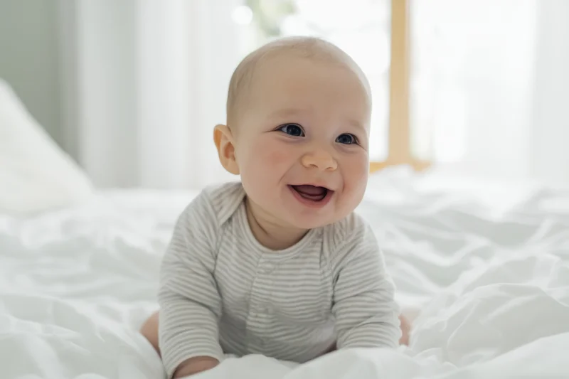 Smiling baby sitting up on a white bed in a bright bedroom