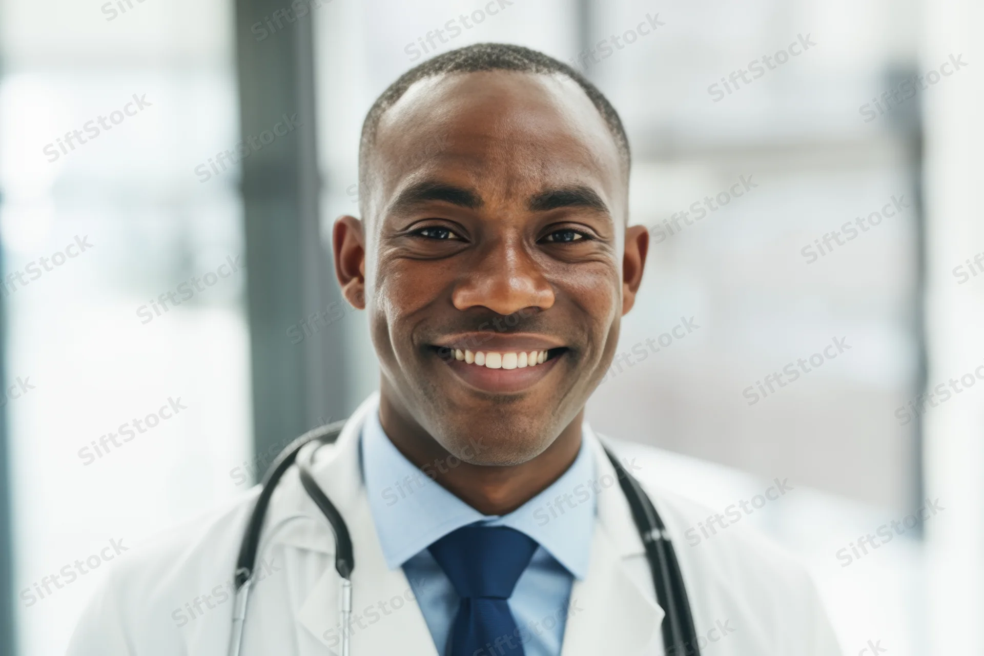 Smiling male doctor in white coat with stethoscope around neck in hospital office
