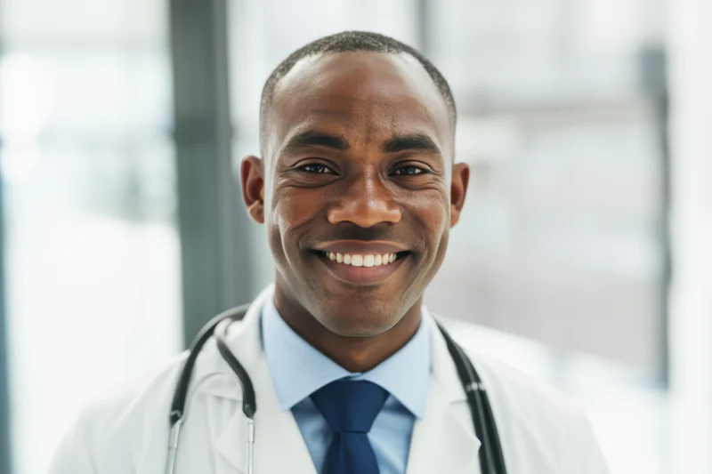 Smiling male doctor in white coat with stethoscope around neck in hospital office