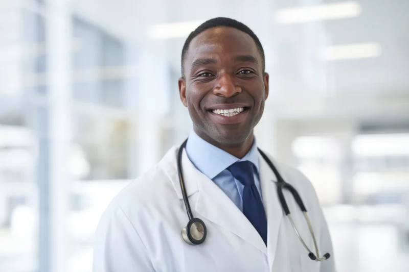 Smiling male doctor in white coat with stethoscope around neck in bright clinical office