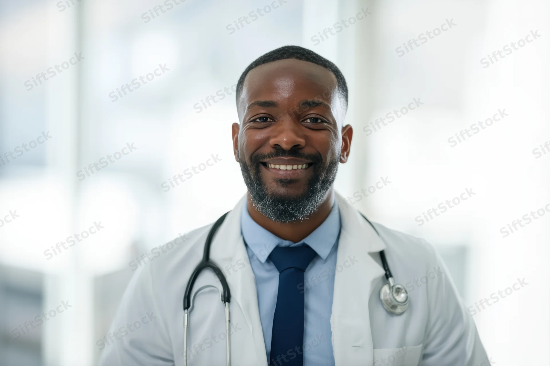 Smiling male doctor in white coat with stethoscope around neck in clinic setting