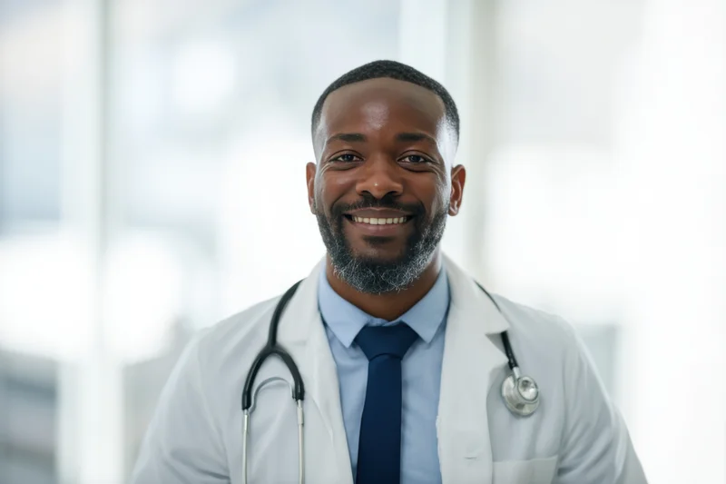 Smiling male doctor in white coat with stethoscope around neck in clinic setting