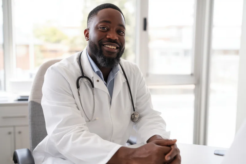 Smiling male doctor in white lab coat with stethoscope seated at desk in clinic office