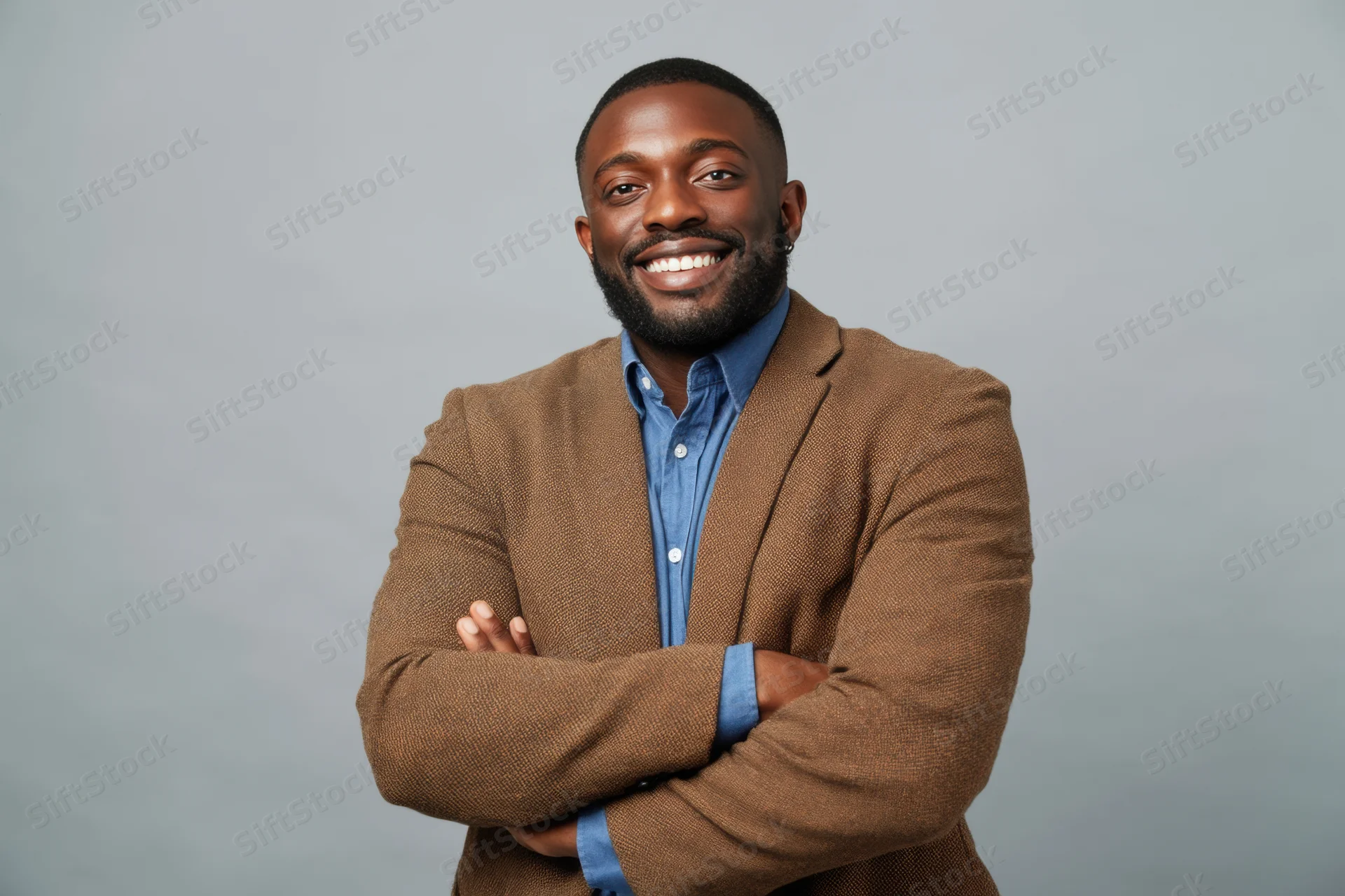 Smiling man with arms crossed in brown blazer over blue shirt against neutral background