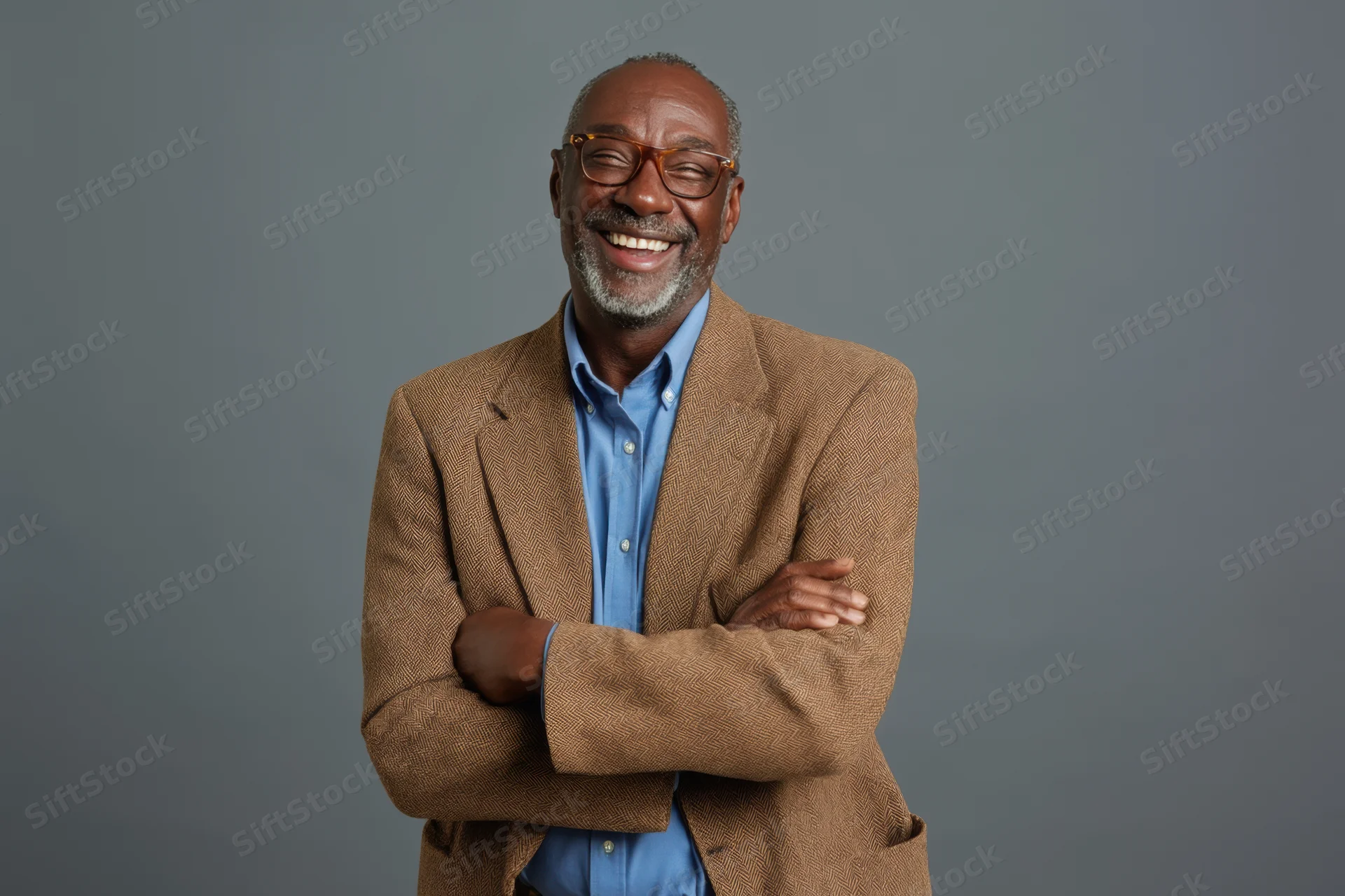 Smiling man with arms crossed wearing brown blazer over blue shirt in studio portrait