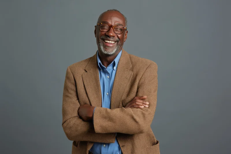 Smiling man with arms crossed wearing brown blazer over blue shirt in studio portrait