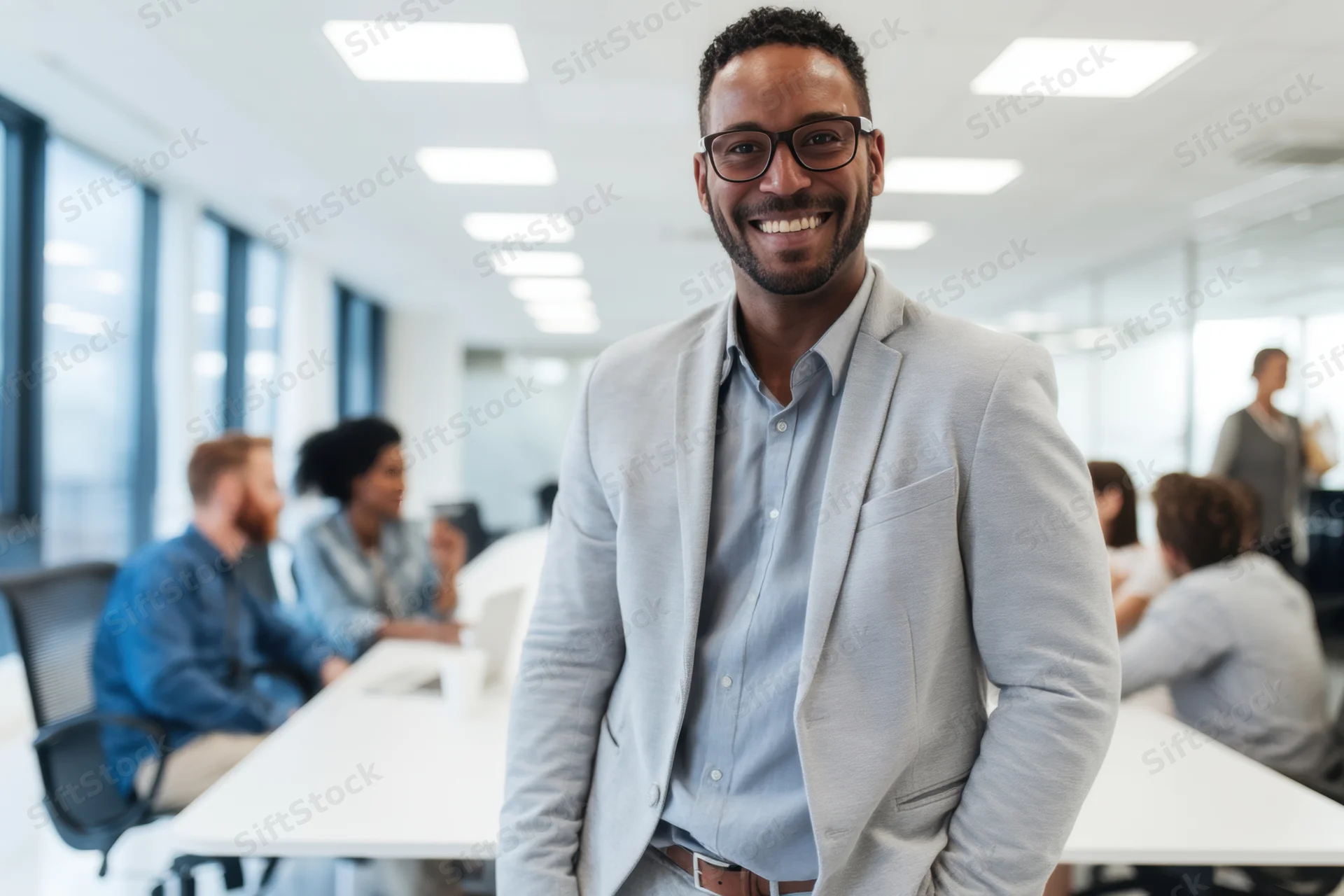 Smiling man in light gray blazer standing in modern office with colleagues at desks behind him
