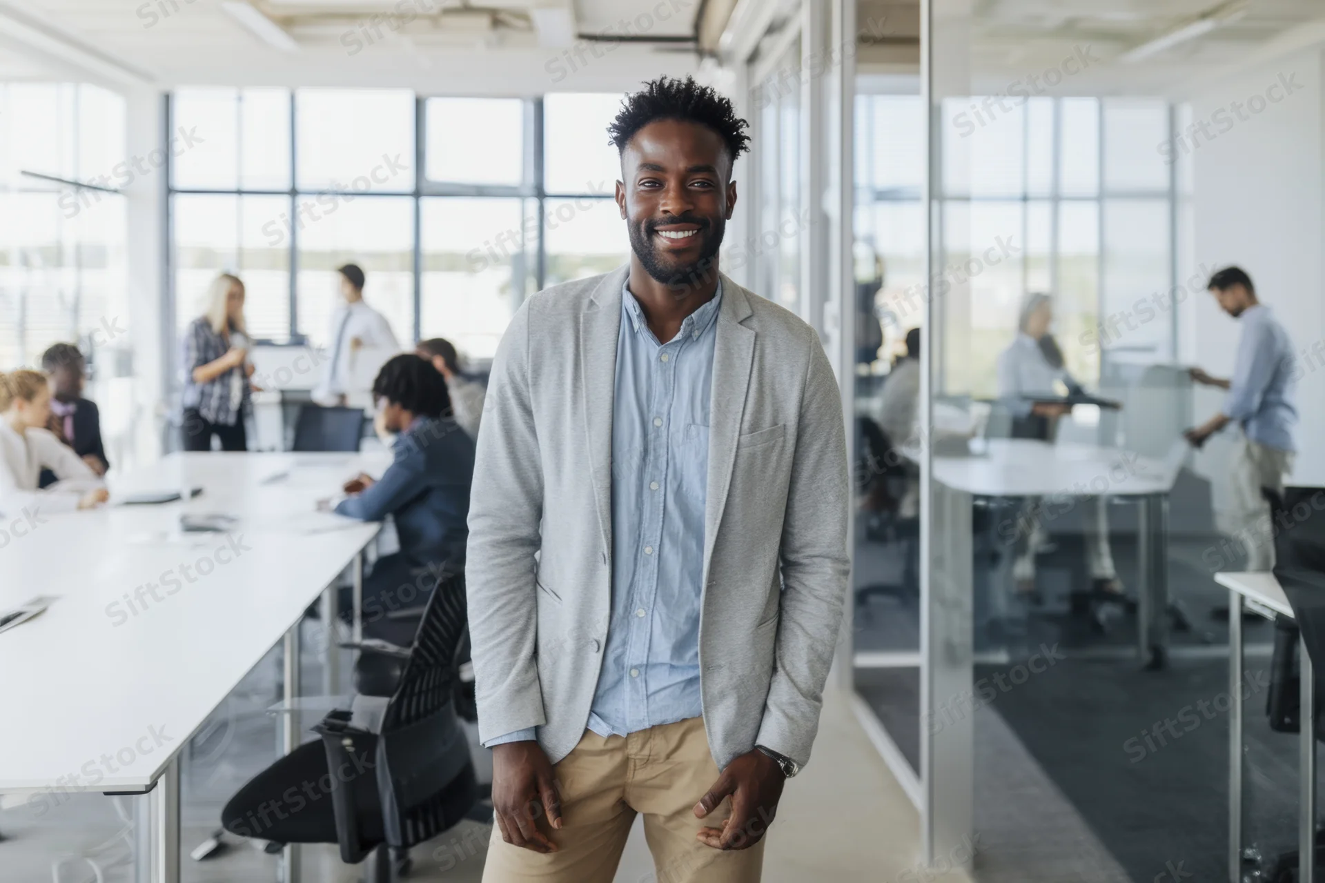 Smiling man in light gray blazer standing in modern office with colleagues working at desks around him