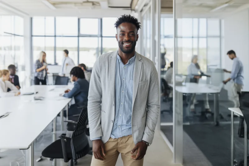 Smiling man in light gray blazer standing in modern office with colleagues working at desks around him