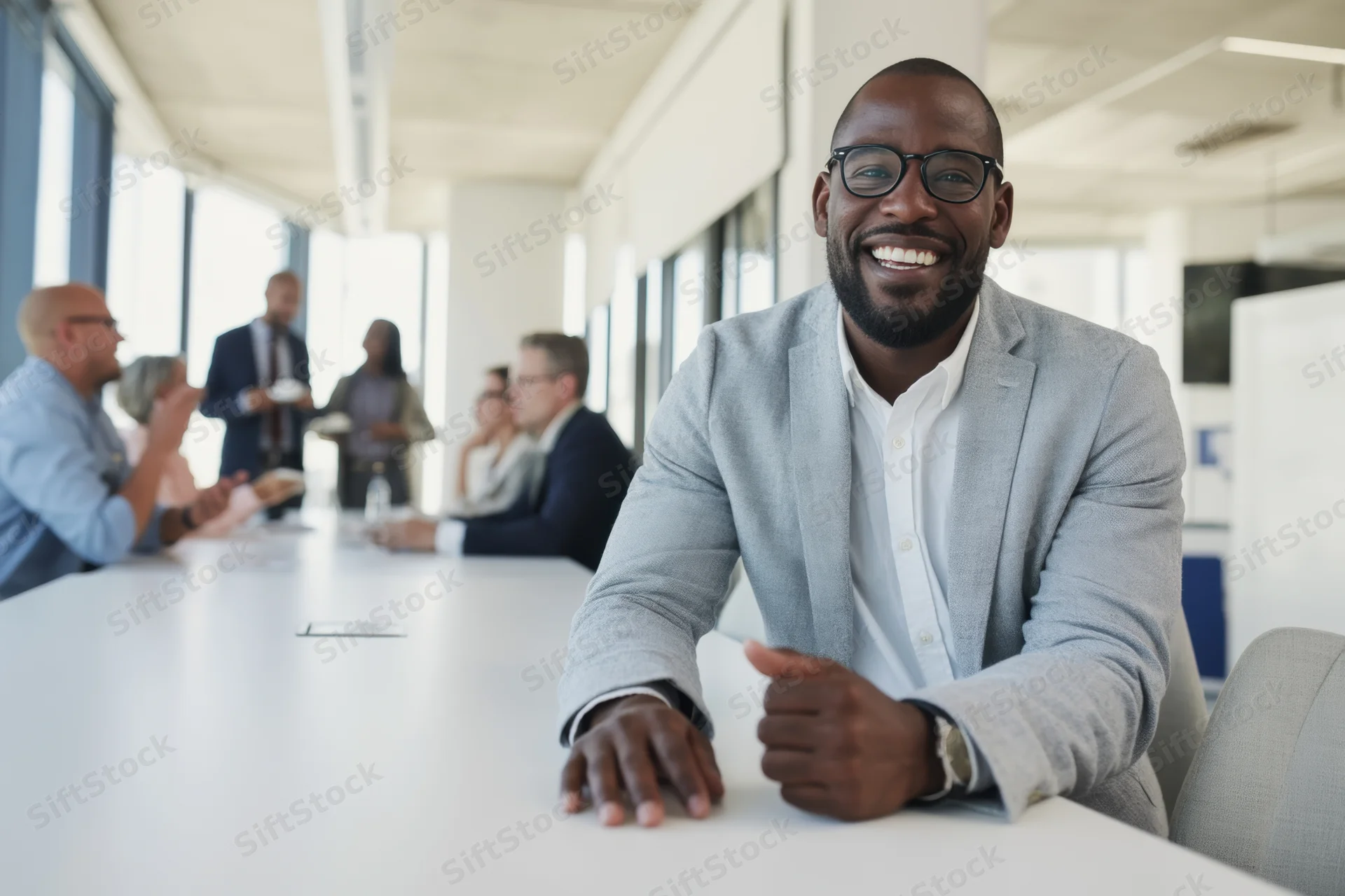 Smiling man in gray blazer sitting at conference table in modern office meeting with colleagues in background