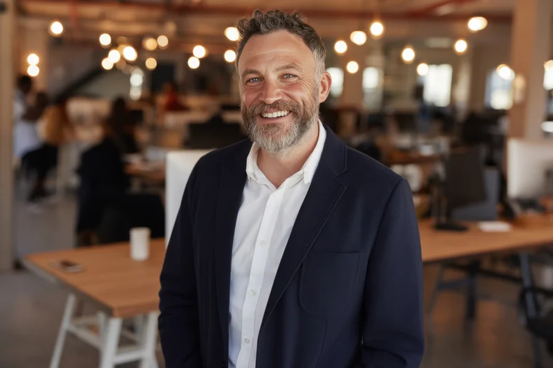 Smiling man in navy blazer and white shirt standing in modern open-plan office with colleagues working at desks in background