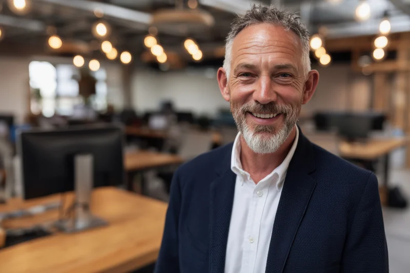 Smiling man in navy blazer and white shirt standing in modern office workspace
