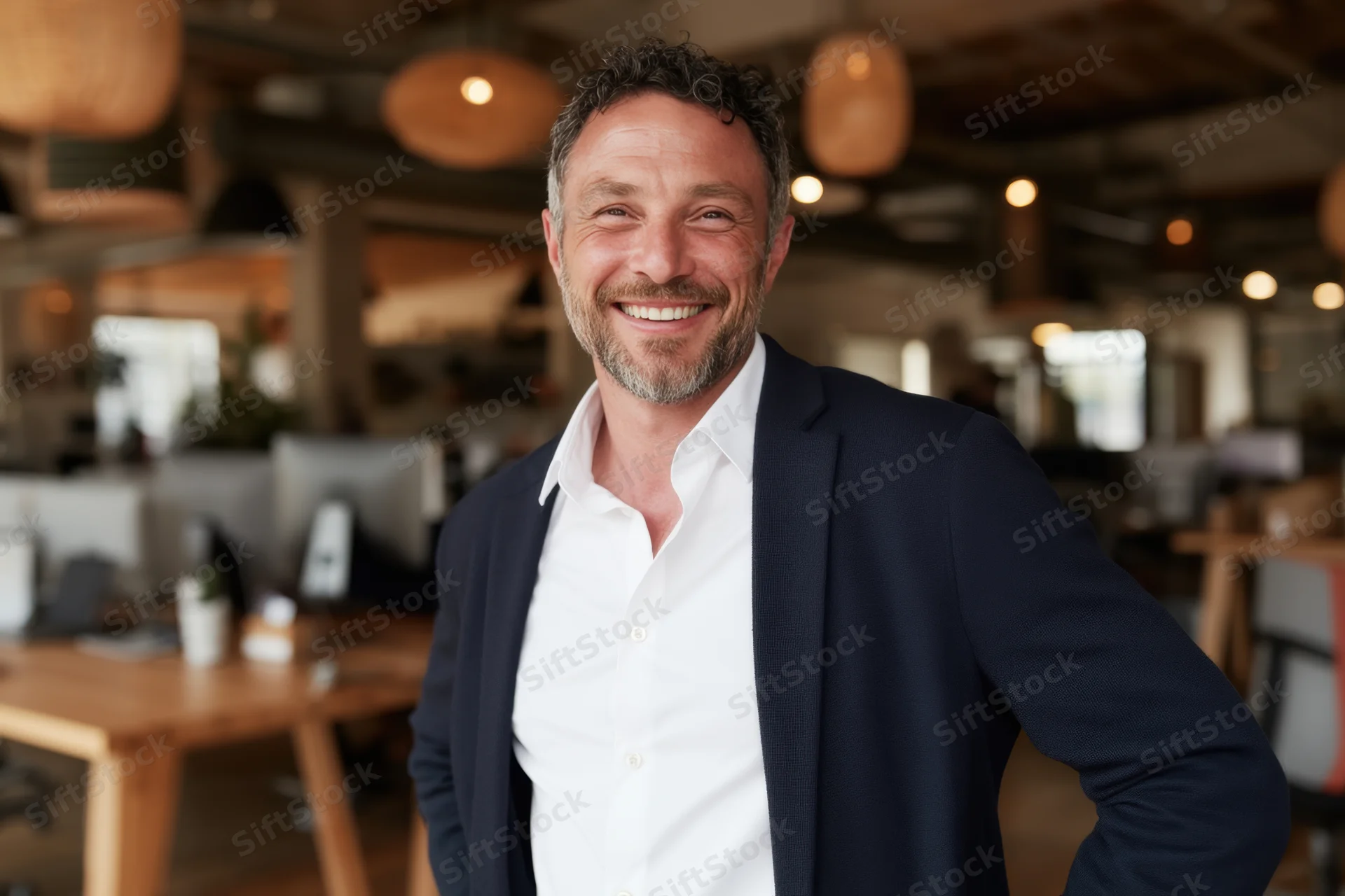 Smiling man in navy blazer and white shirt standing in modern office space