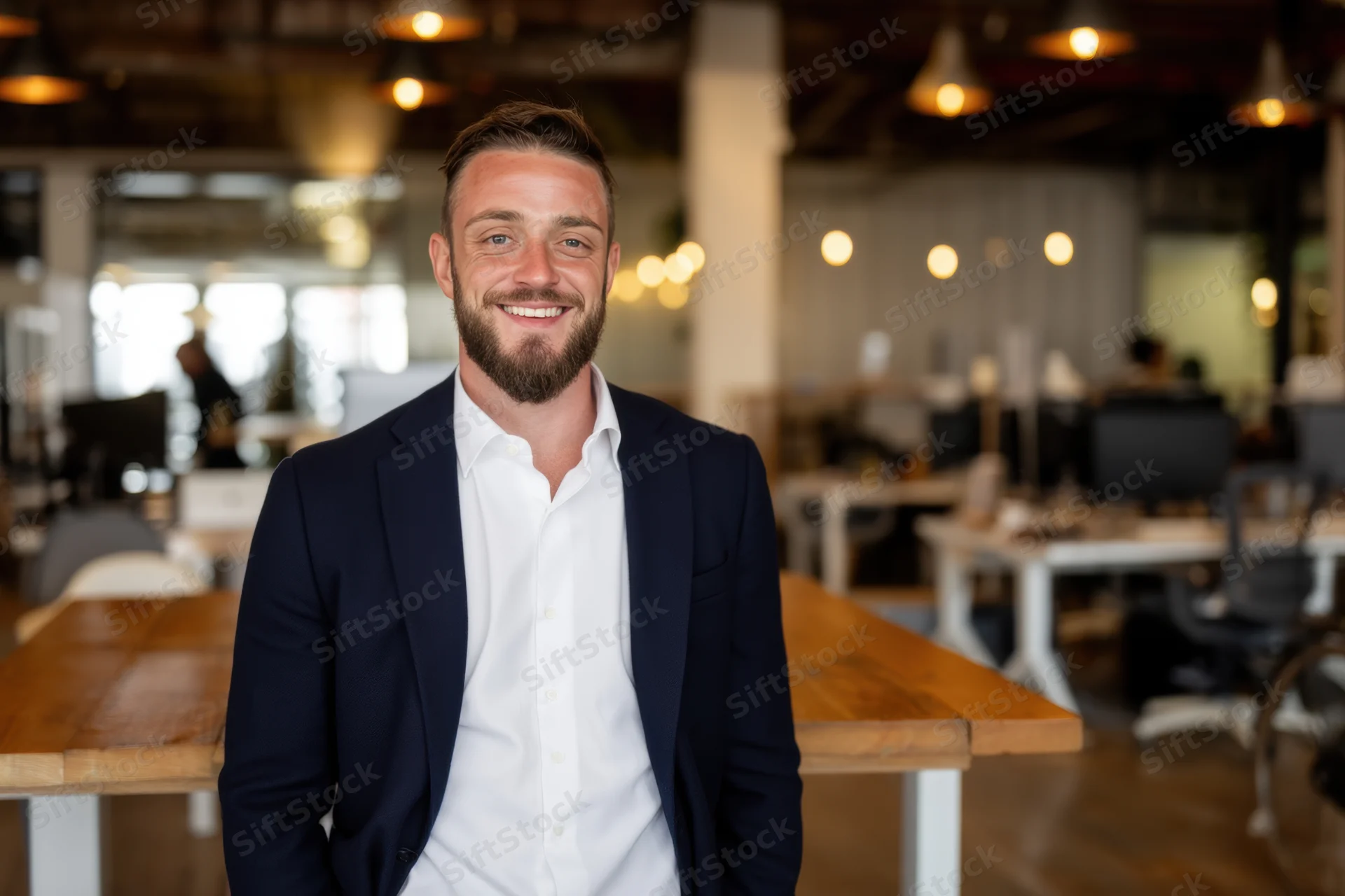 Smiling man in navy blazer and white shirt standing in modern open-plan office