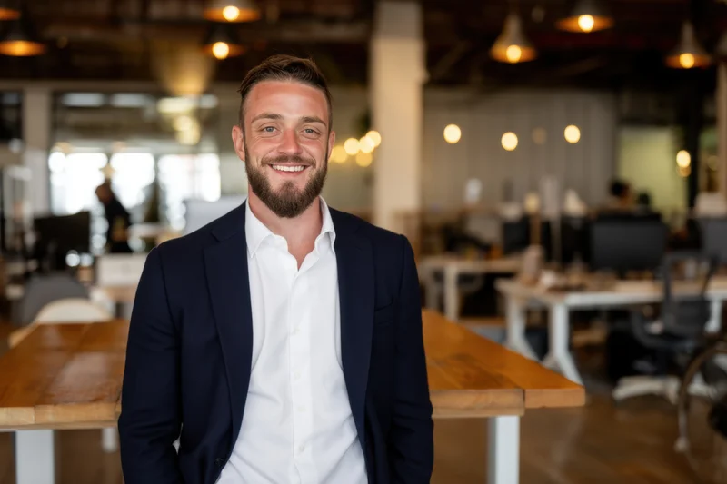 Smiling man in navy blazer and white shirt standing in modern open-plan office