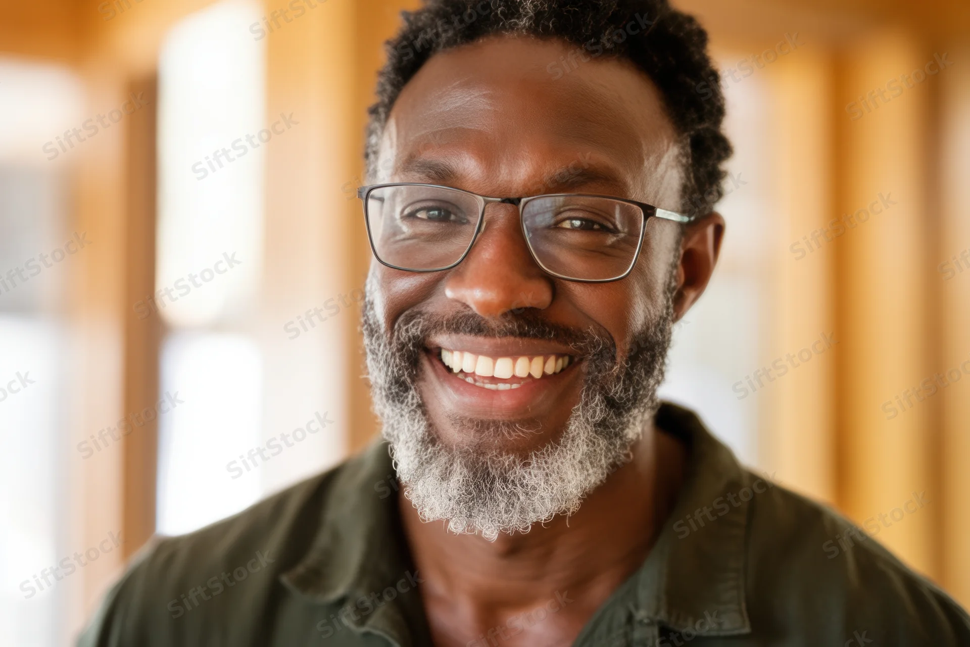 Smiling man with salt-and-pepper beard and glasses in indoor setting