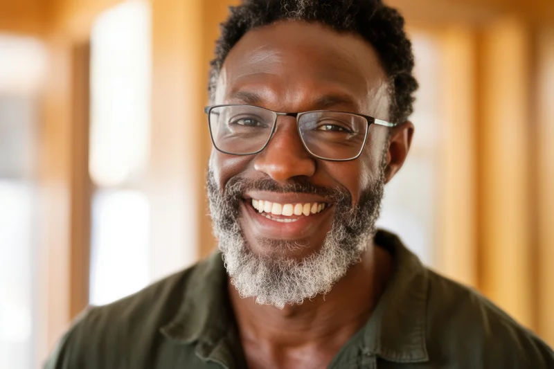 Smiling man with salt-and-pepper beard and glasses in indoor setting