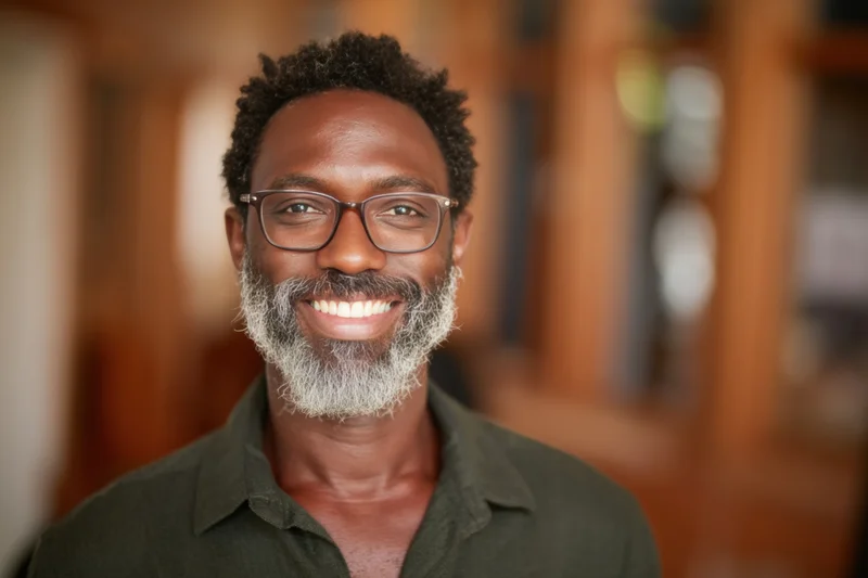 Smiling man with salt-and-pepper beard and glasses in a warm indoor setting