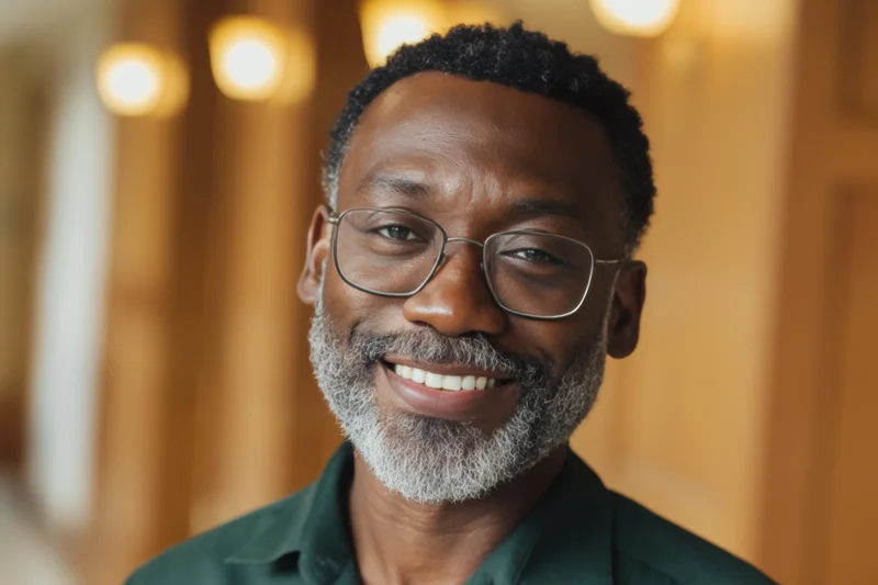 Smiling african senior man with gray beard and glasses in office interior