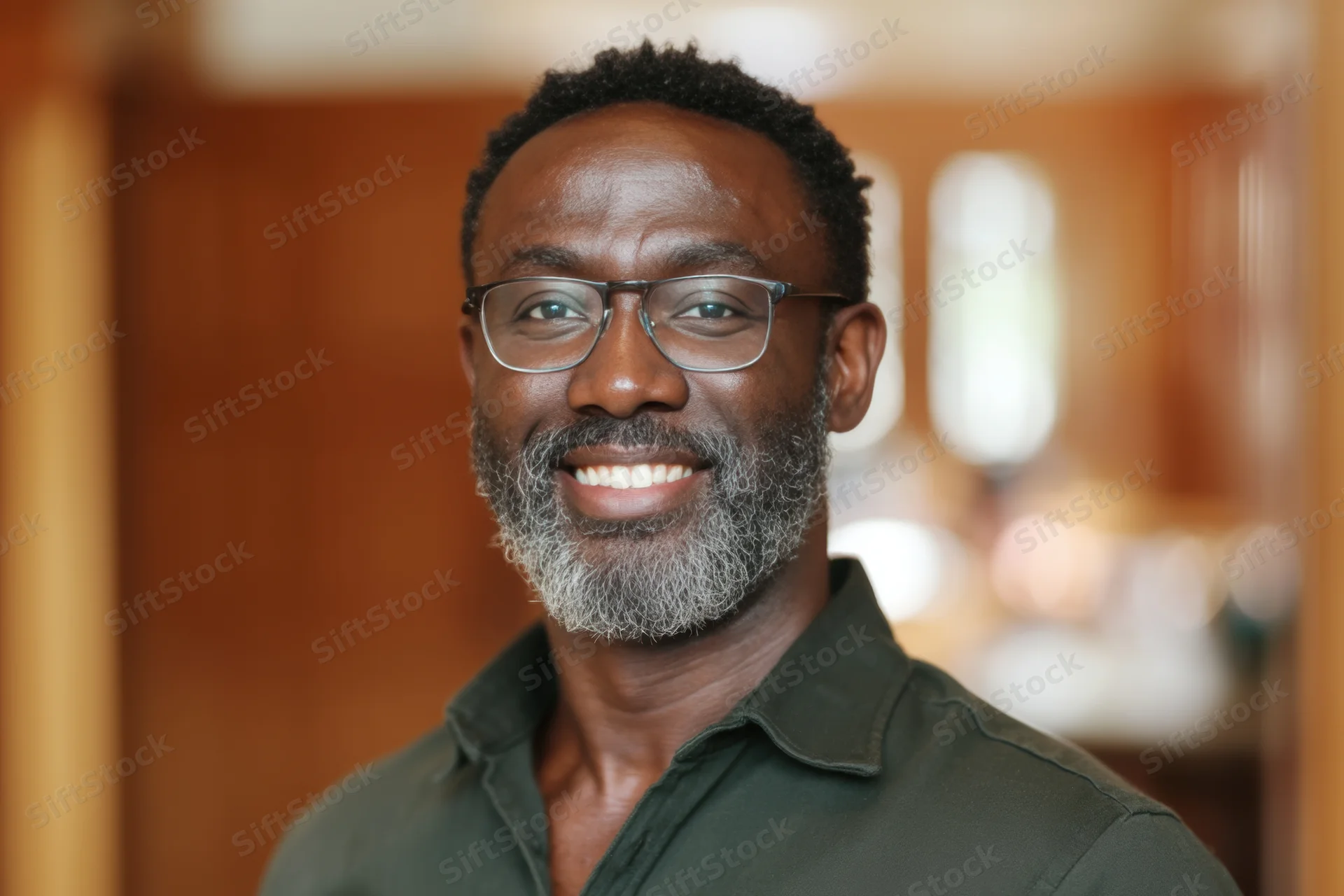 Smiling man with short curly hair and salt-and-pepper beard wearing glasses and a green shirt indoors