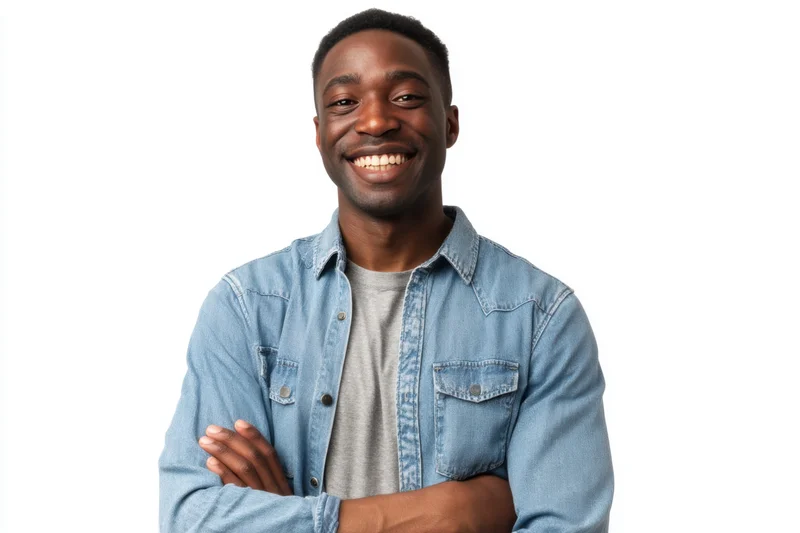 Smiling man with arms crossed wearing denim shirt over tshirt against white background
