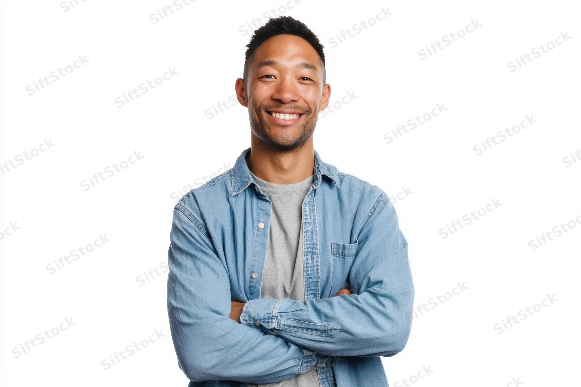 Smiling man with arms crossed wearing denim shirt over grey t-shirt against white background