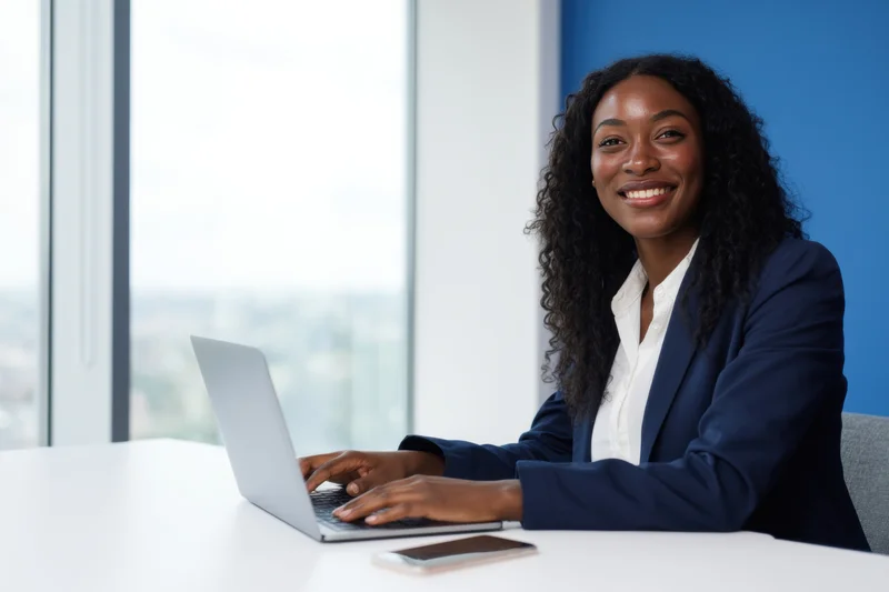 Smiling woman in navy blazer typing on laptop at office desk near window