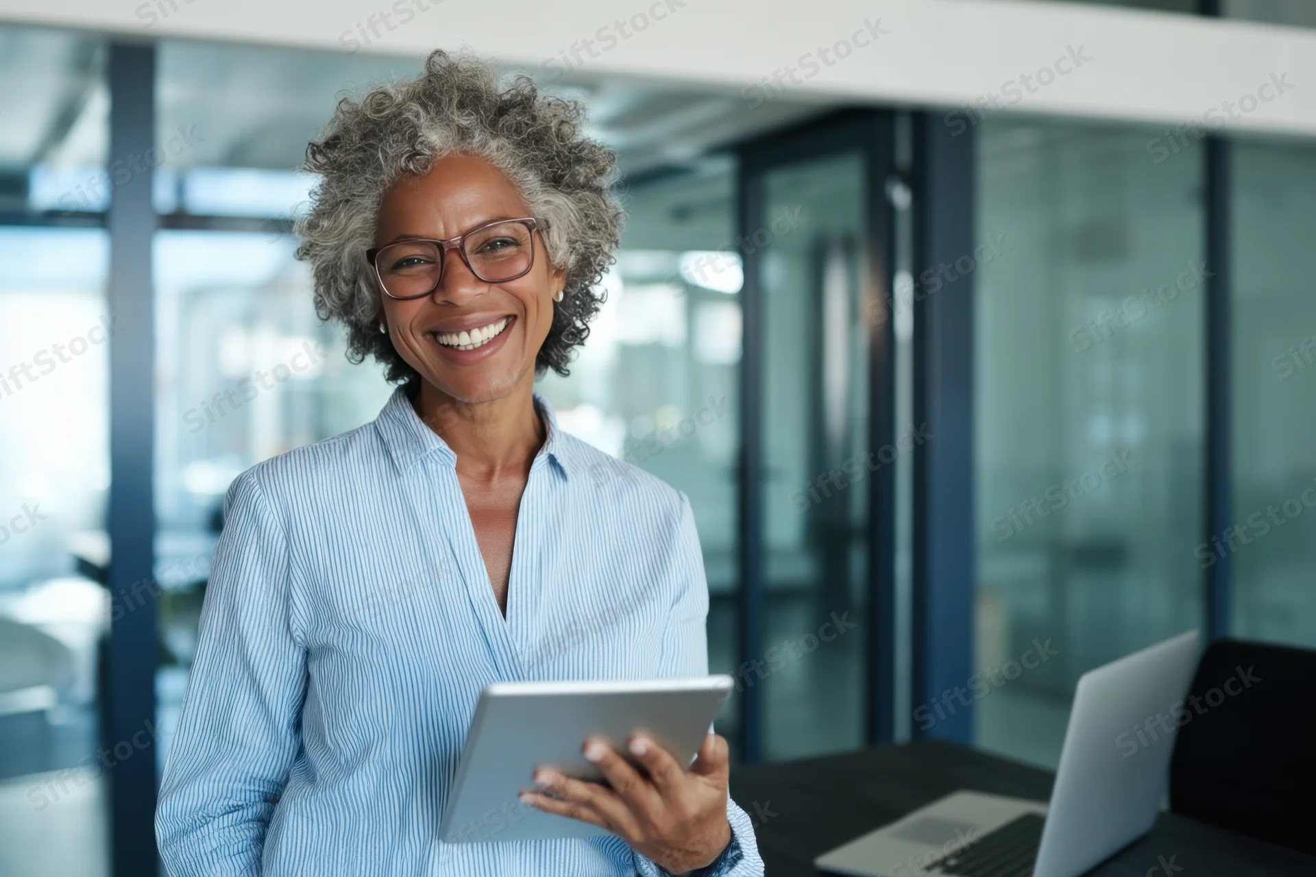Smiling professional woman holding tablet in modern office workspace