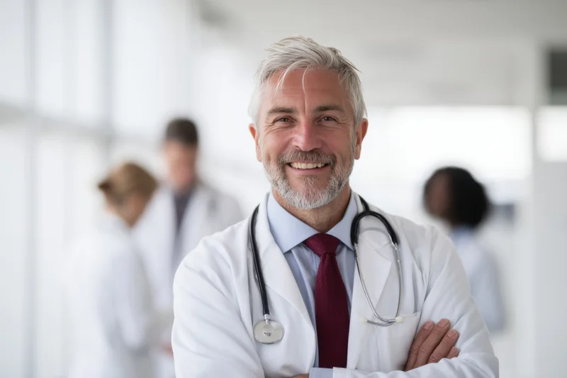 Smiling senior male doctor in white lab coat with stethoscope around neck, arms crossed, in bright modern clinic with colleagues in background