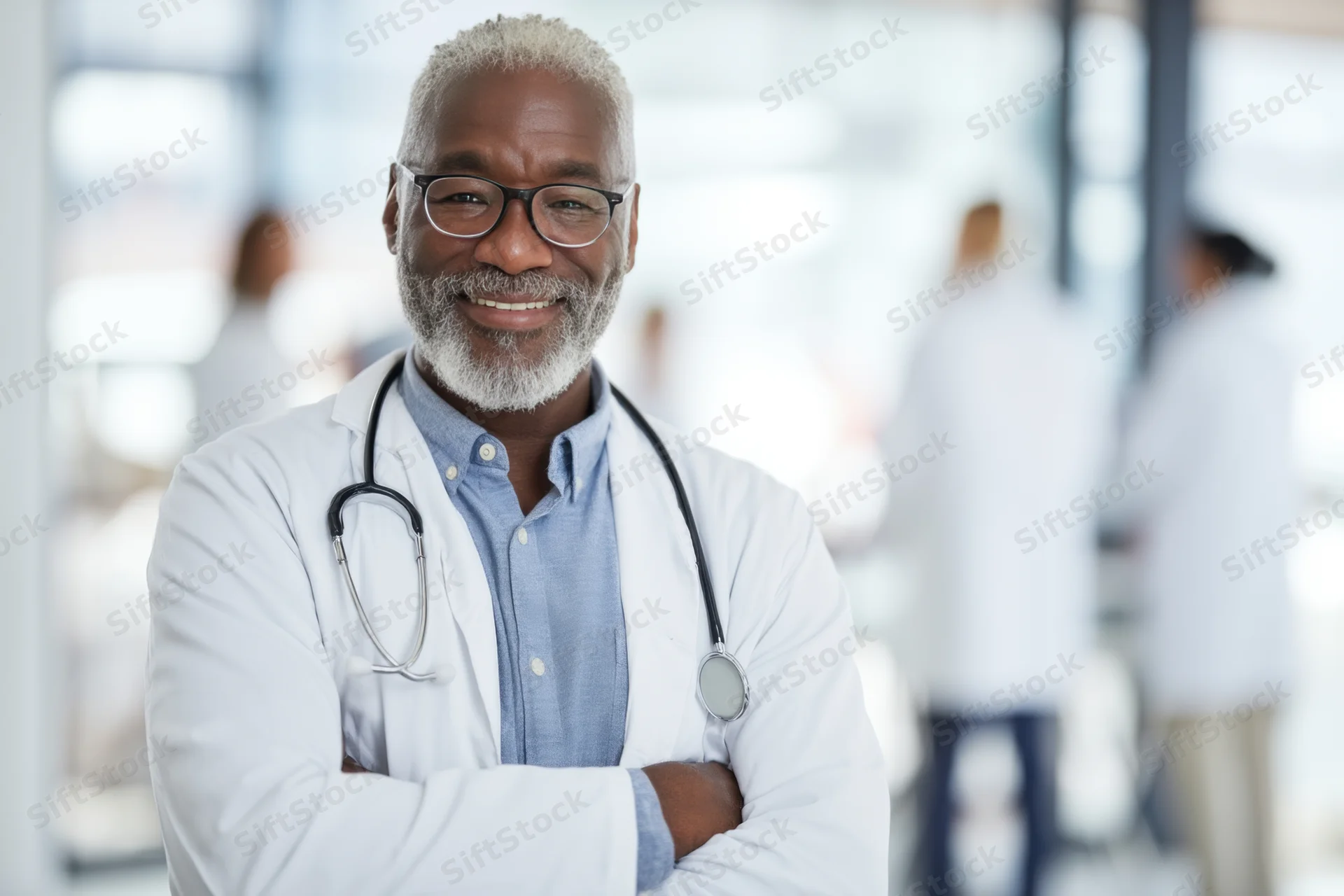 Smiling senior african male doctor with stethoscope and arms crossed in hospital setting