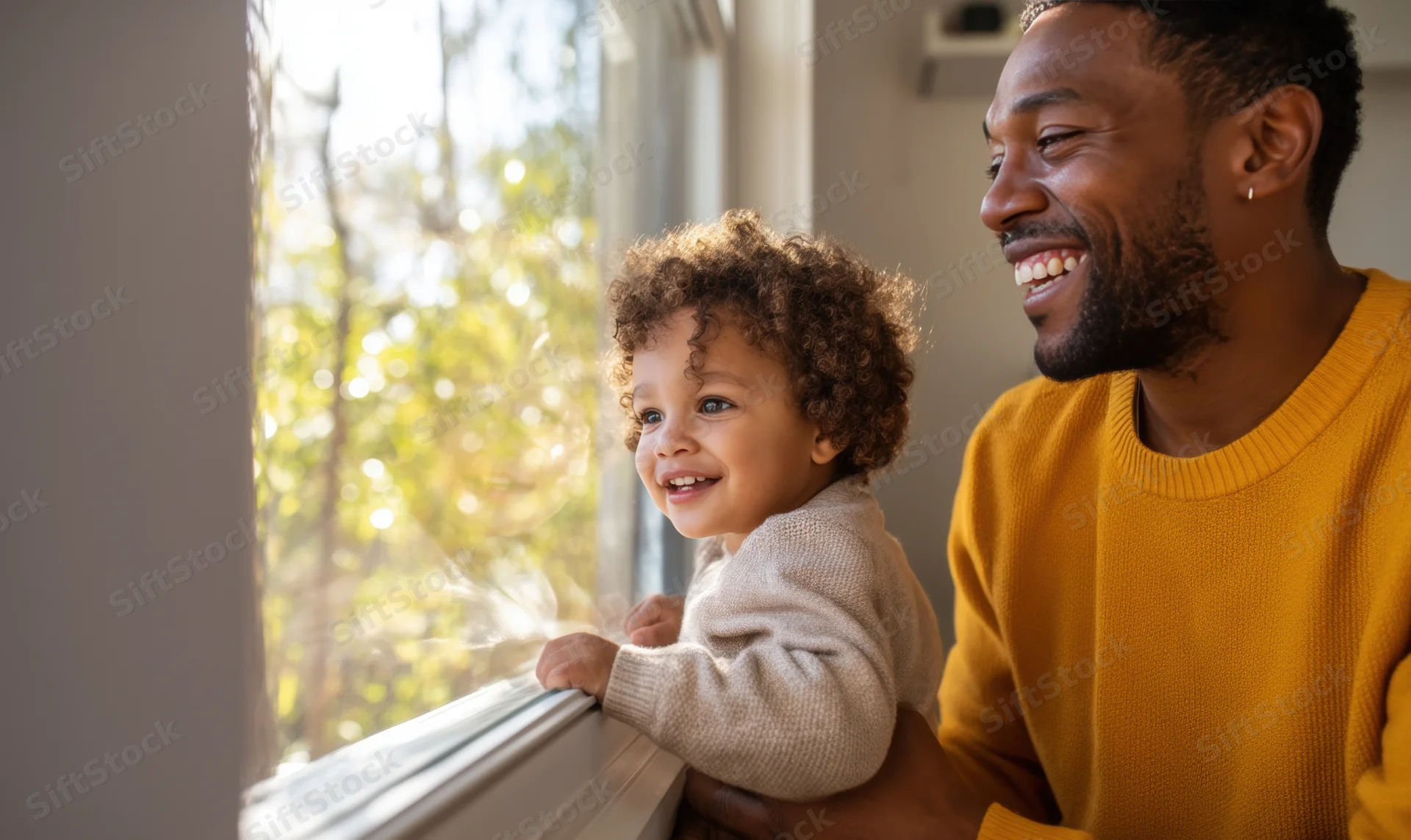 Father holding toddler by window, both smiling at view outside