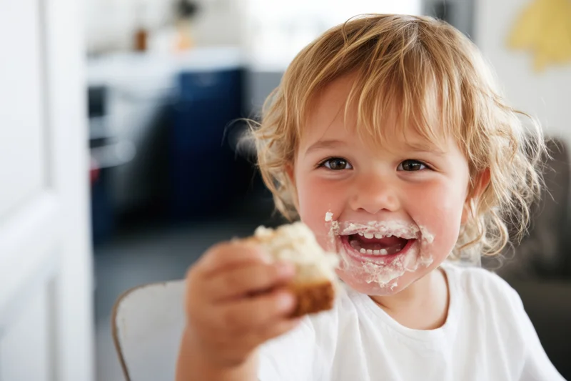 Smiling toddler with frosting on face holding cake piece in kitchen