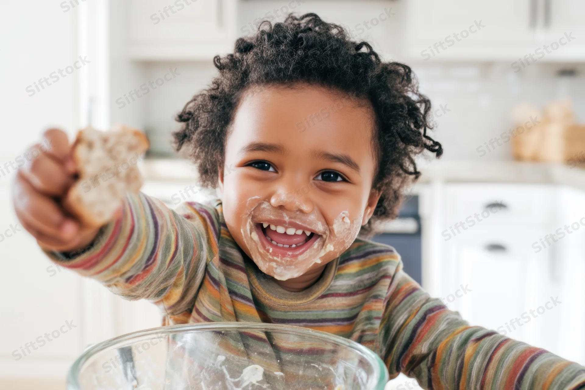 Smiling toddler with food smeared on face reaching toward camera in kitchen