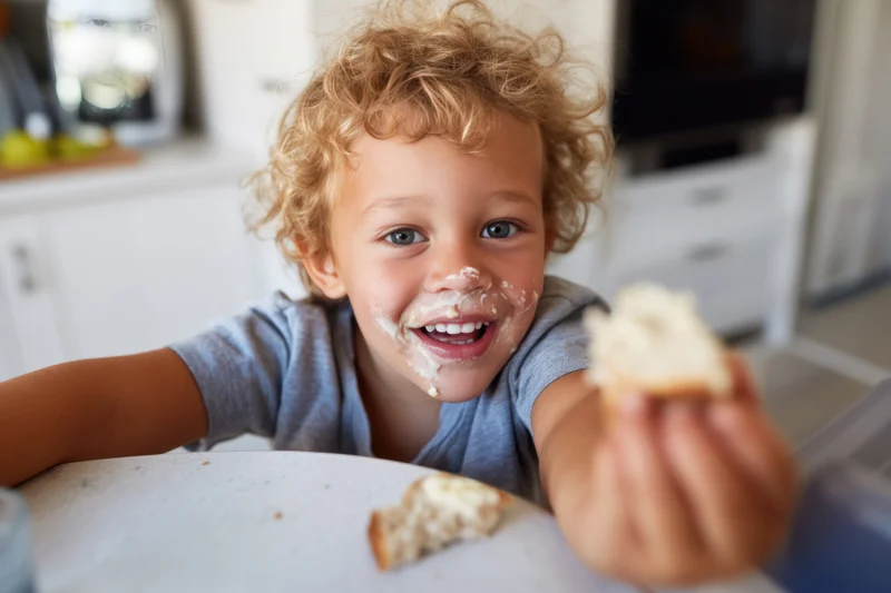 Smiling toddler with food smeared on face reaching toward camera at kitchen table