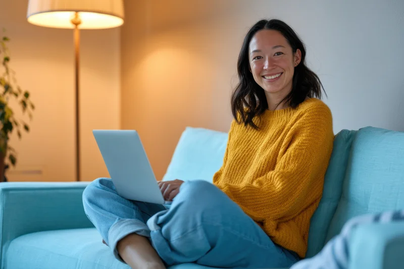 Woman smiling while using laptop on couch in living room