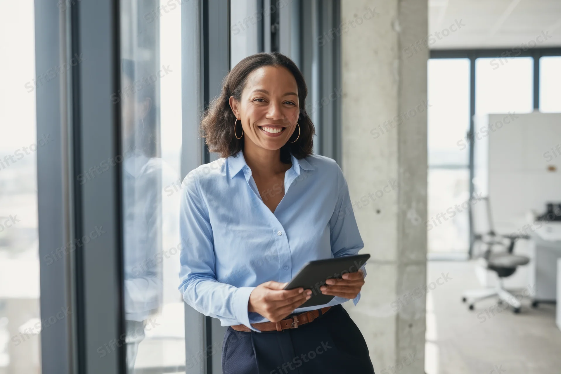 Smiling woman holding tablet by large window in modern office
