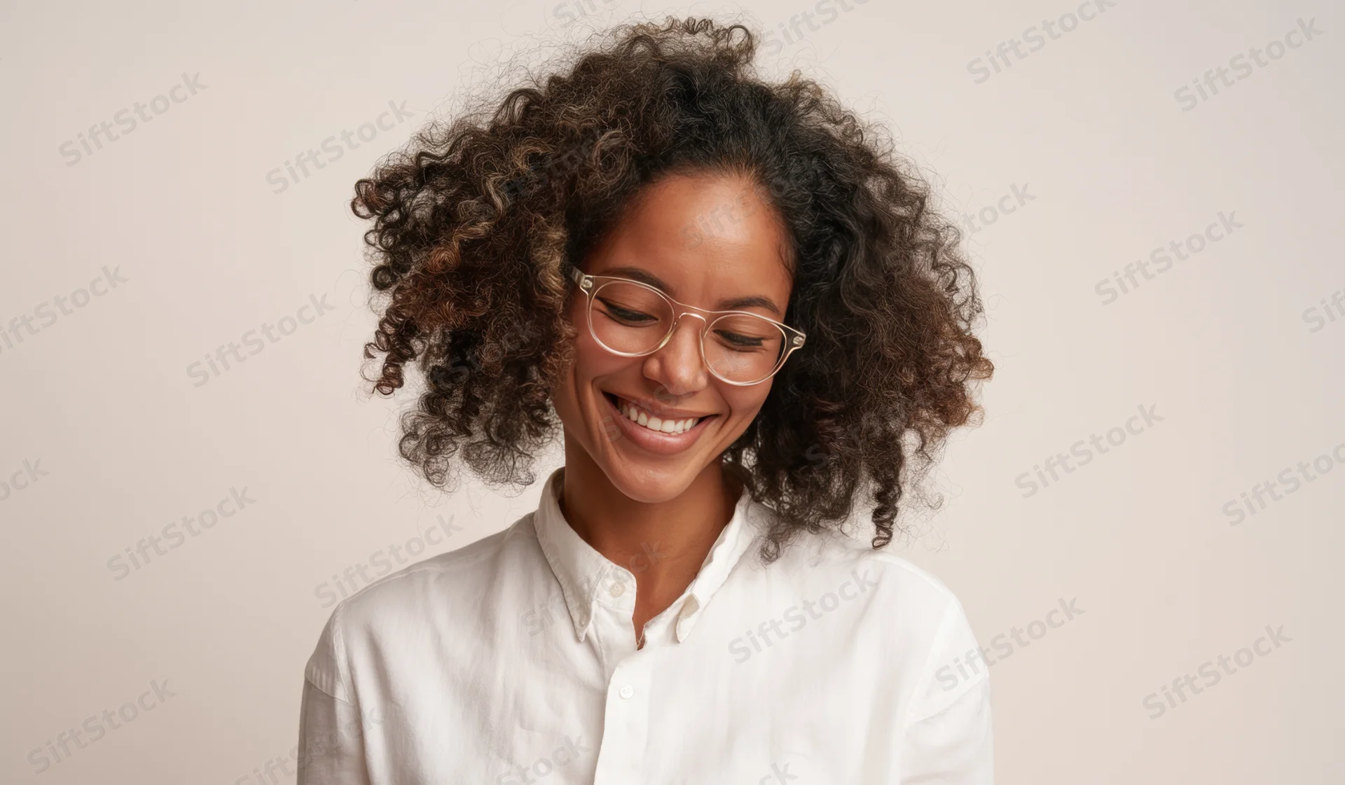 Smiling woman with curly hair and glasses wearing a white shirt against a beige background