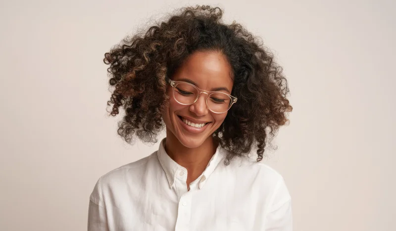 Smiling woman with curly hair and glasses wearing a white shirt against a beige background