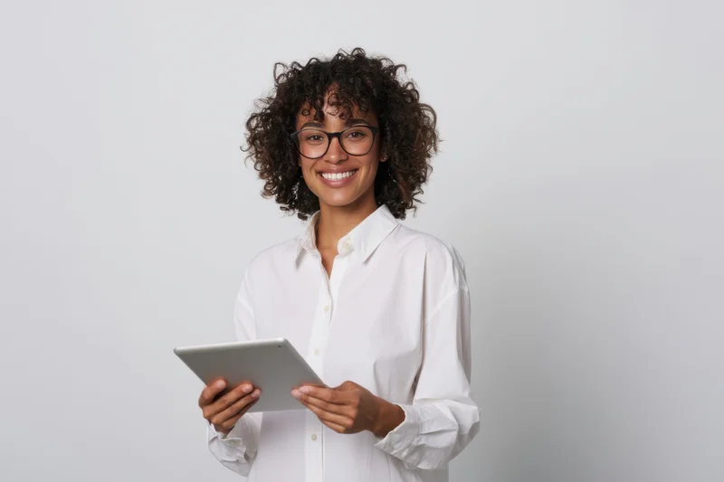 Smiling woman holding tablet in white shirt against plain background