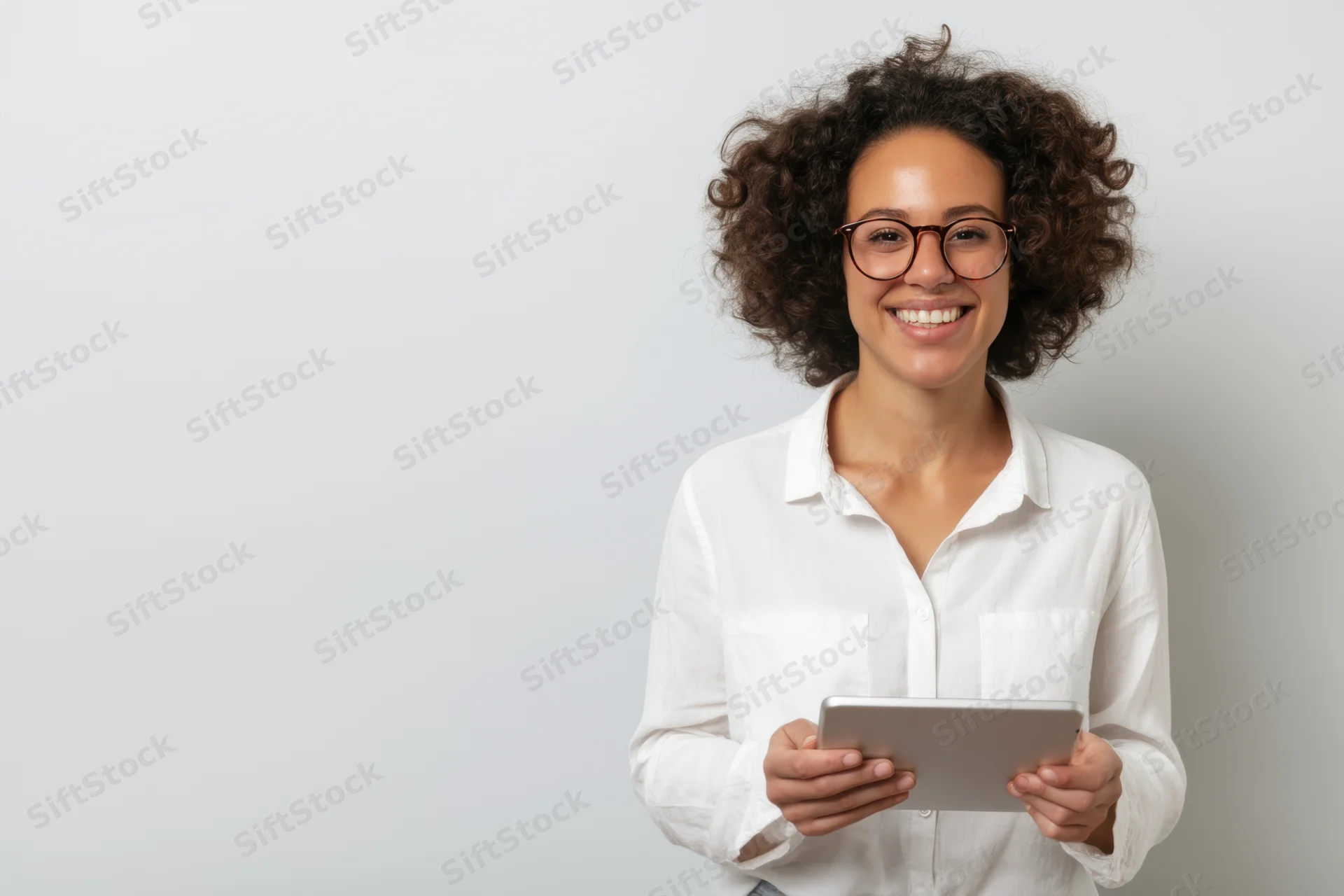 Smiling woman holding tablet in white shirt against plain background