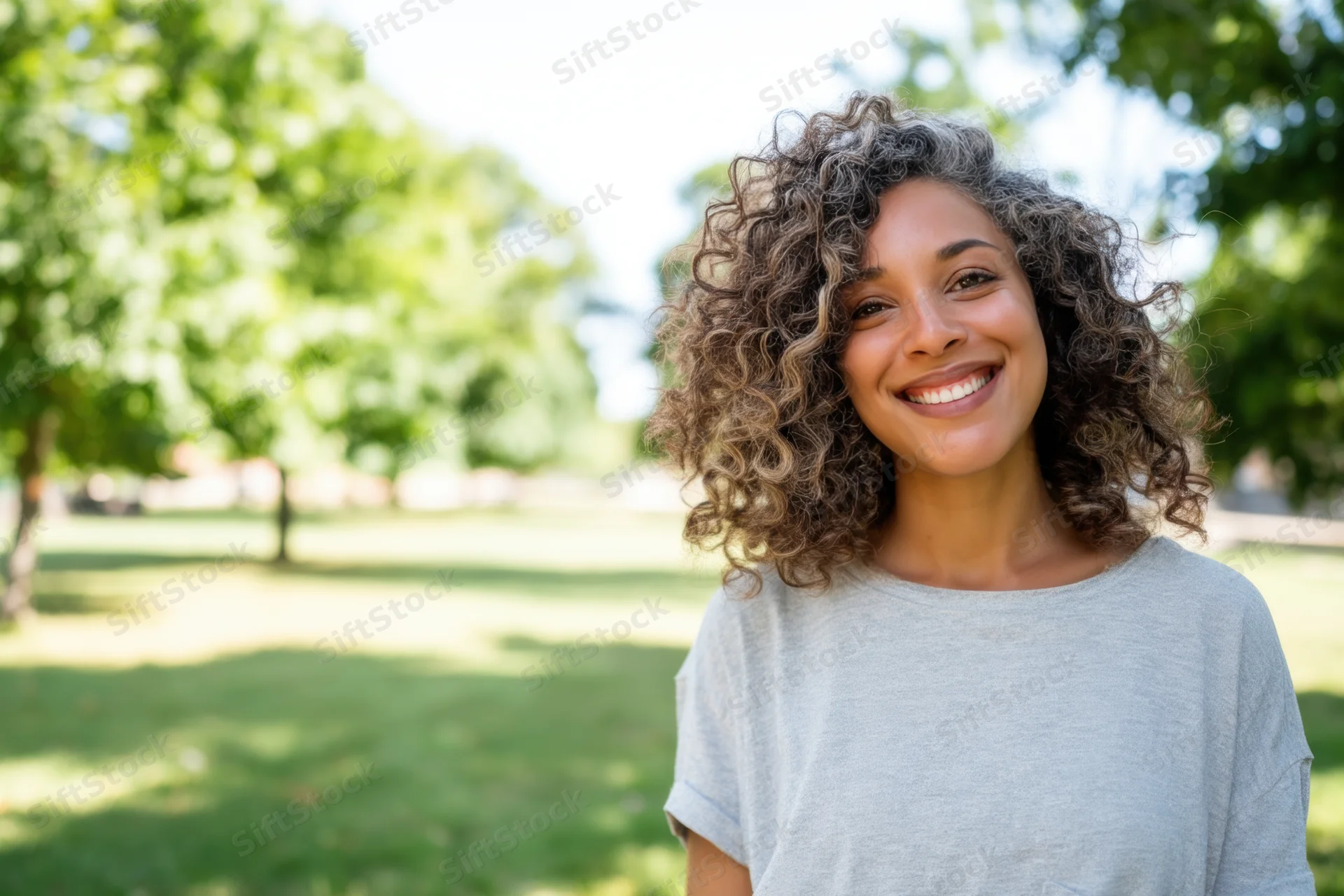 Smiling woman with curly gray hair in a light gray shirt standing in a sunlit park
