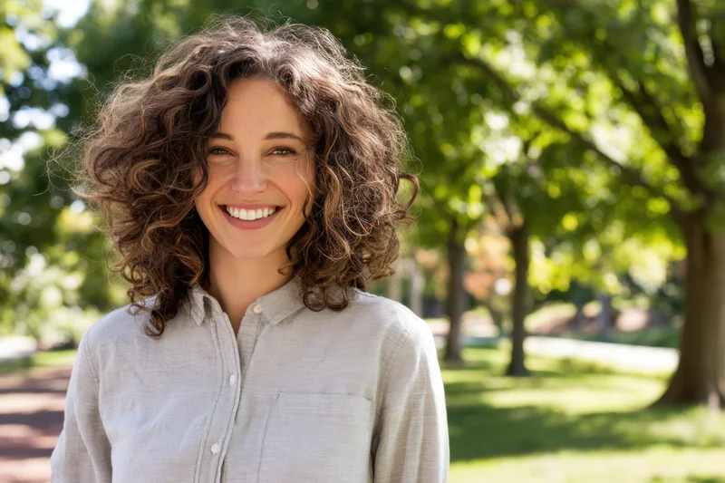 Smiling woman with curly hair in a light gray shirt standing in a sunlit park