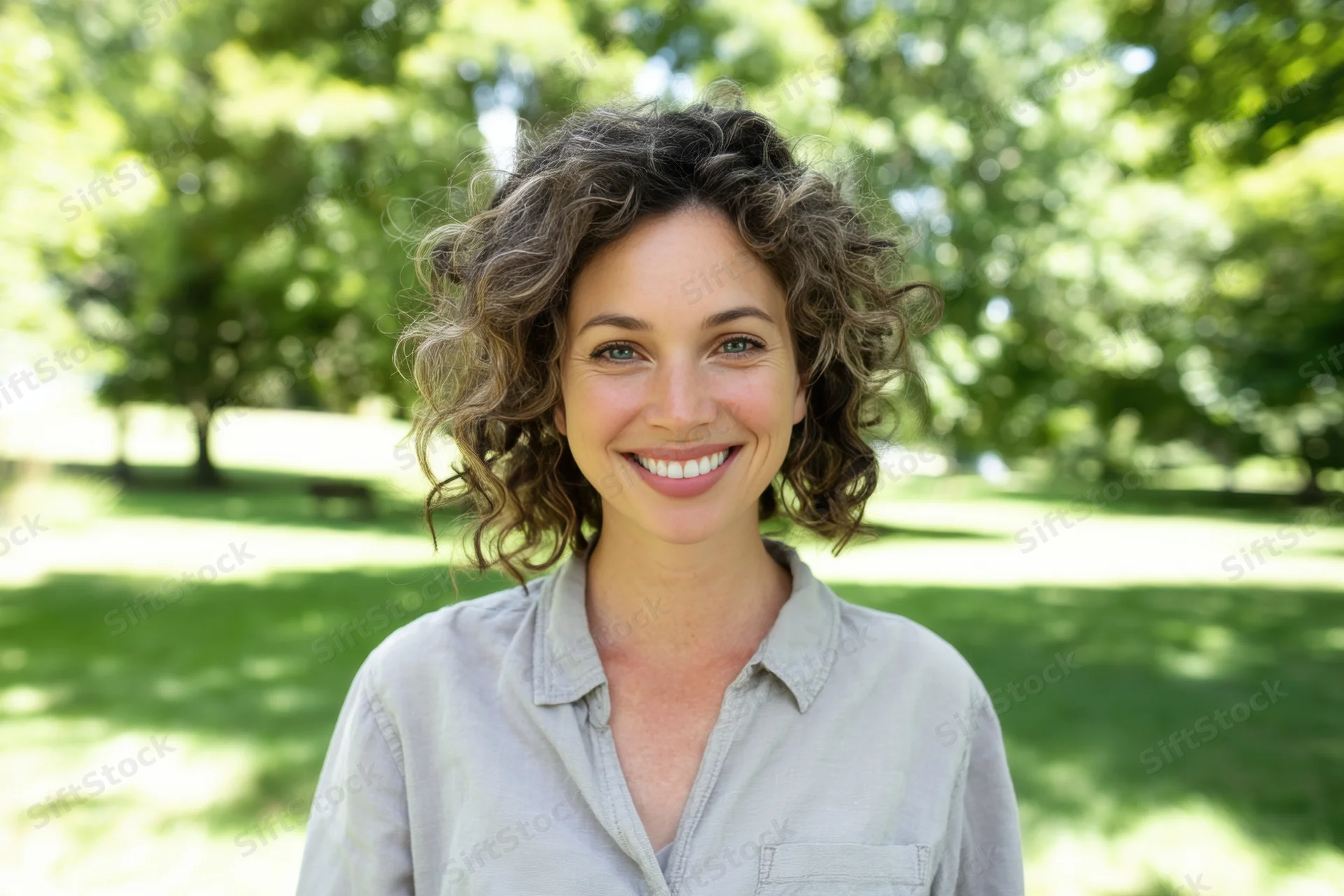 Smiling woman with curly hair in a light gray shirt standing in a sunlit park