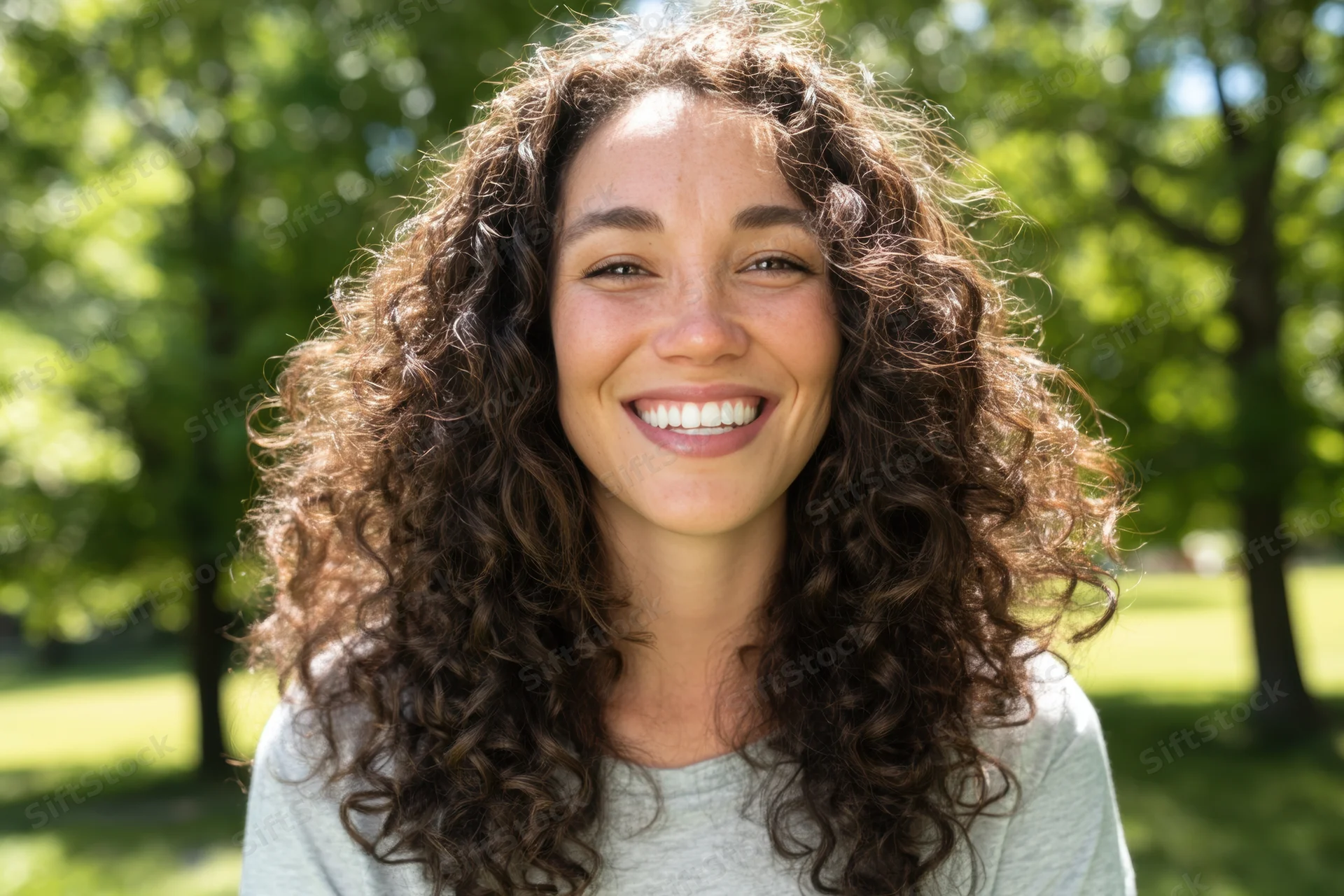 Smiling woman with curly hair in a light gray shirt outdoors in a park